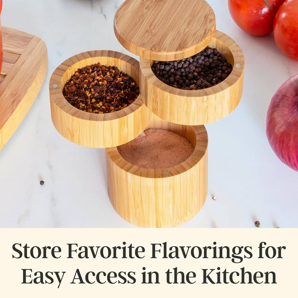 Bamboo triple spice rack with three round compartments and open top