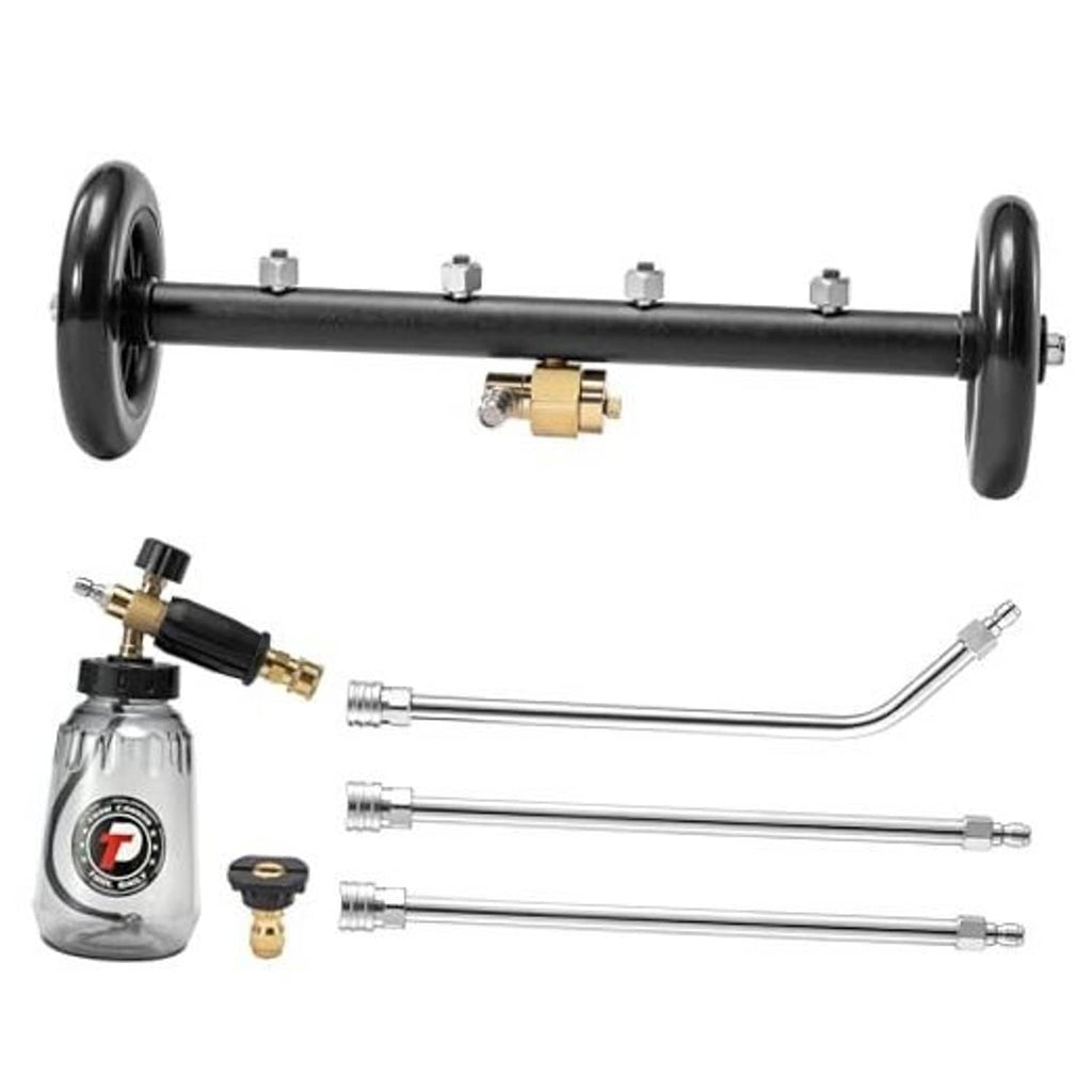 16-inch wheeled undercarriage pressure washer attachment with brass connectors and foam cannon