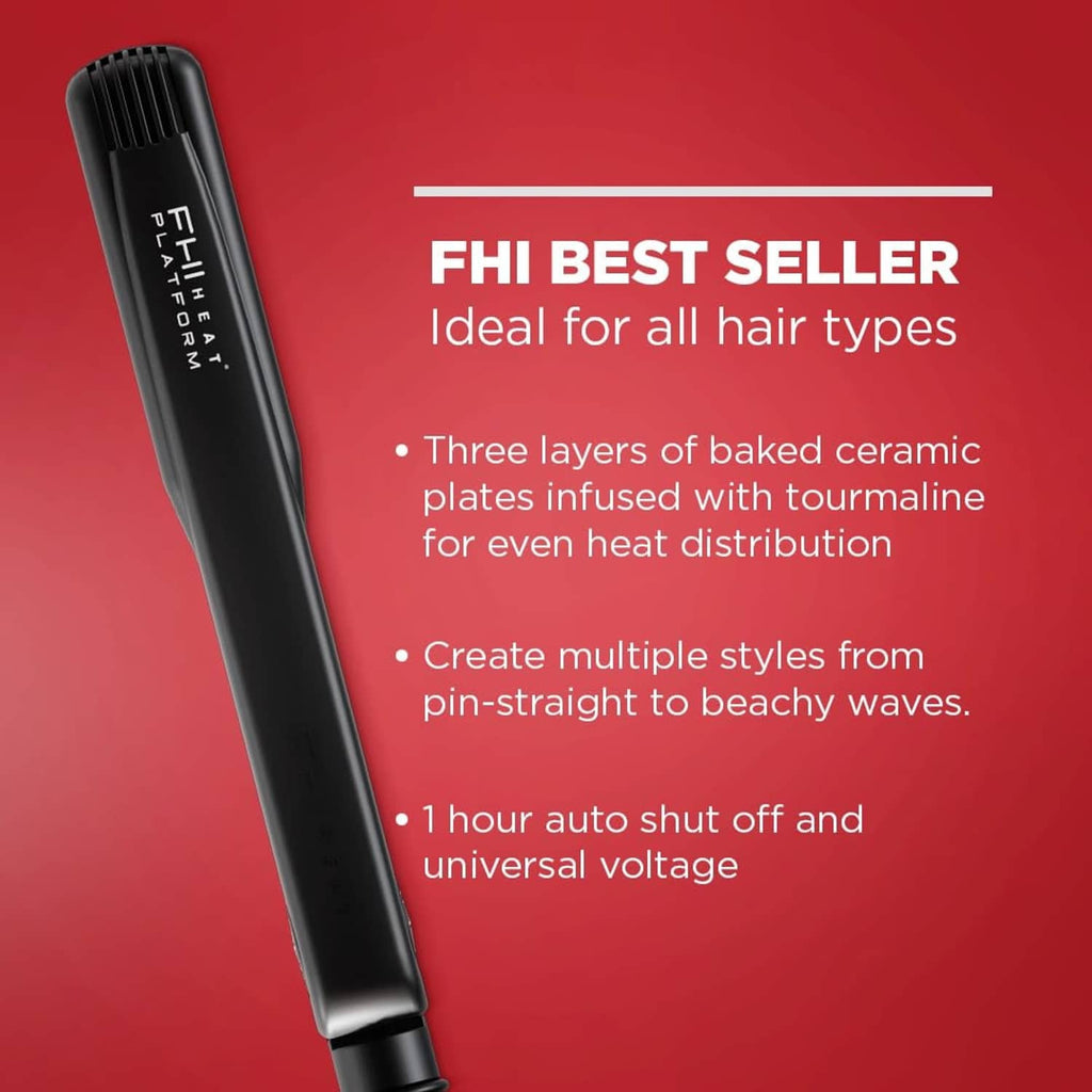 Slim black hair straightener with red plates, upright profile for all hair types