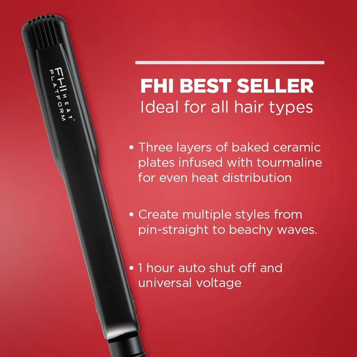 Slim black hair straightener with red plates, upright profile for all hair types