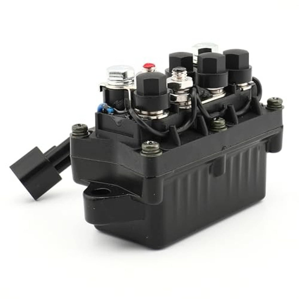 Black relay module with red-capped terminal, metal studs, and side plug connector