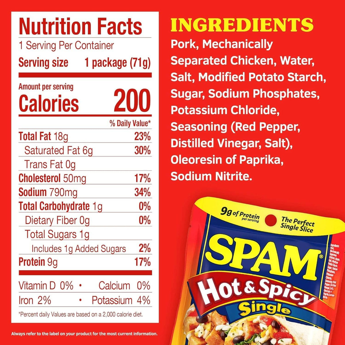 Hot & Spicy SPAM nutrition facts and ingredients panel on pouch back