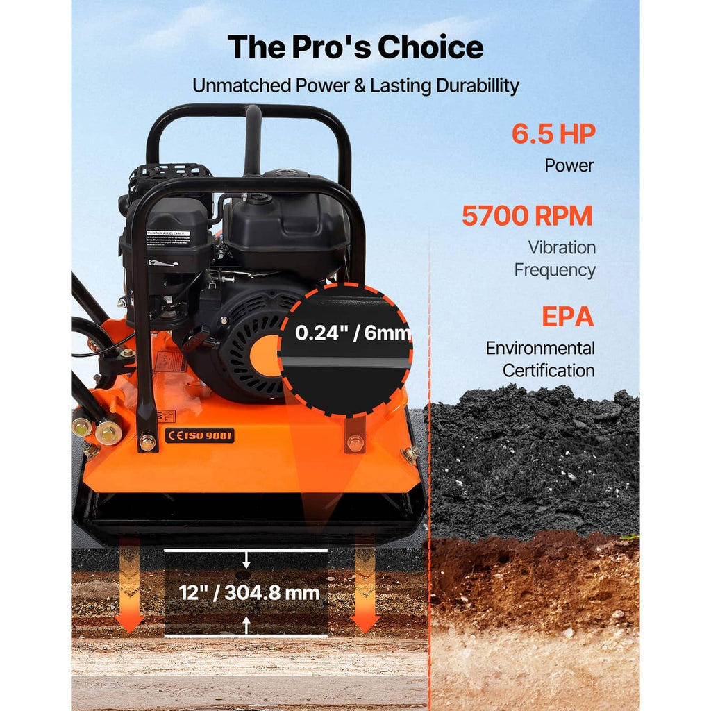 Orange and black plate compactor with engine compartment and vibration plate base