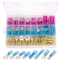 Assorted heat-shrink crimp wire connectors kit with pink, blue, and yellow terminals in a case