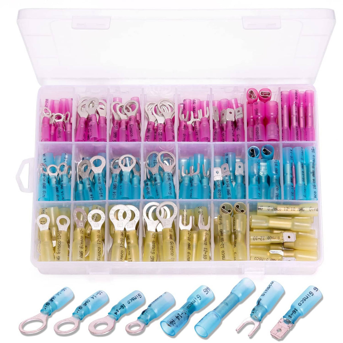 Assorted heat-shrink crimp wire connectors kit with pink, blue, and yellow terminals in a case