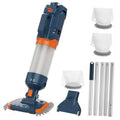Cordless pool vacuum kit with pole, brush head, filters, and extension tubes
