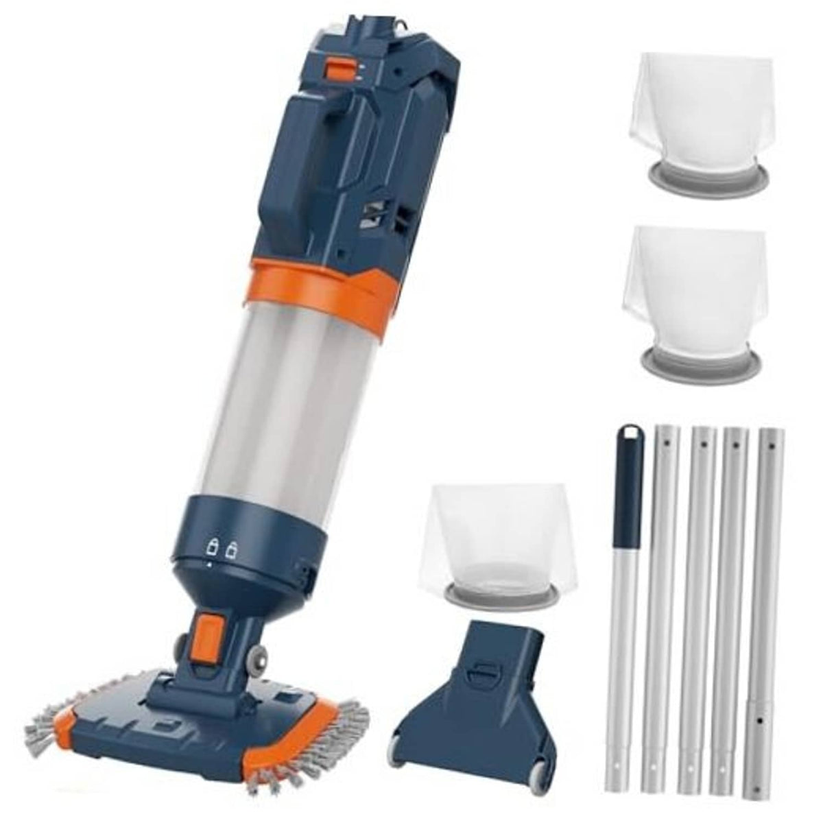 Cordless pool vacuum kit with pole, brush head, filters, and extension tubes
