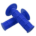 Blue motorcycle handlebar grips, textured non-slip pattern with end caps