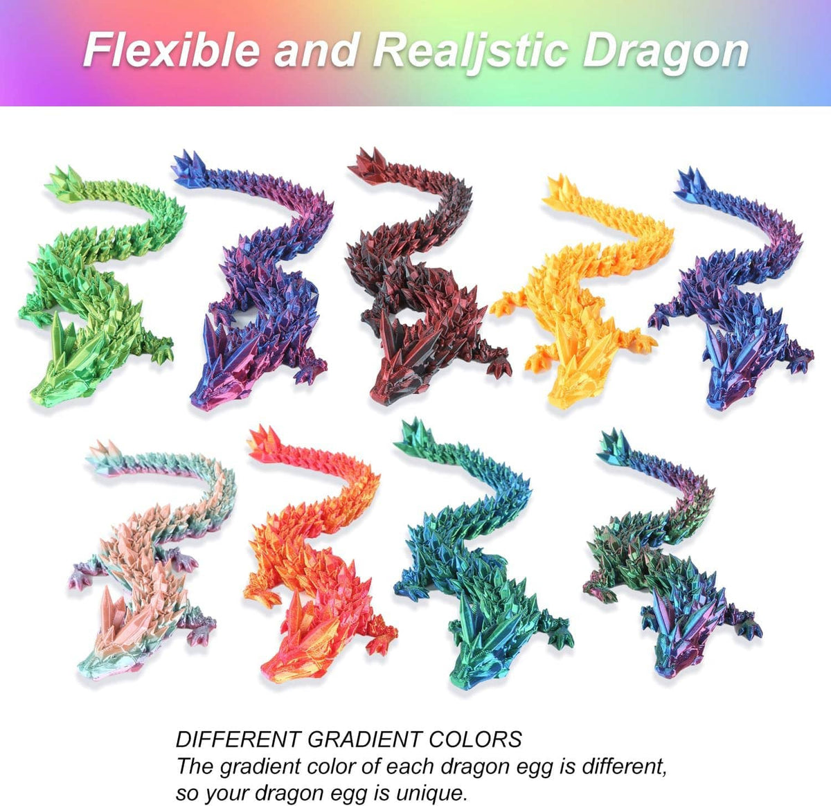 Flexible articulated dragon toys in green, blue, orange, and red gradient colors