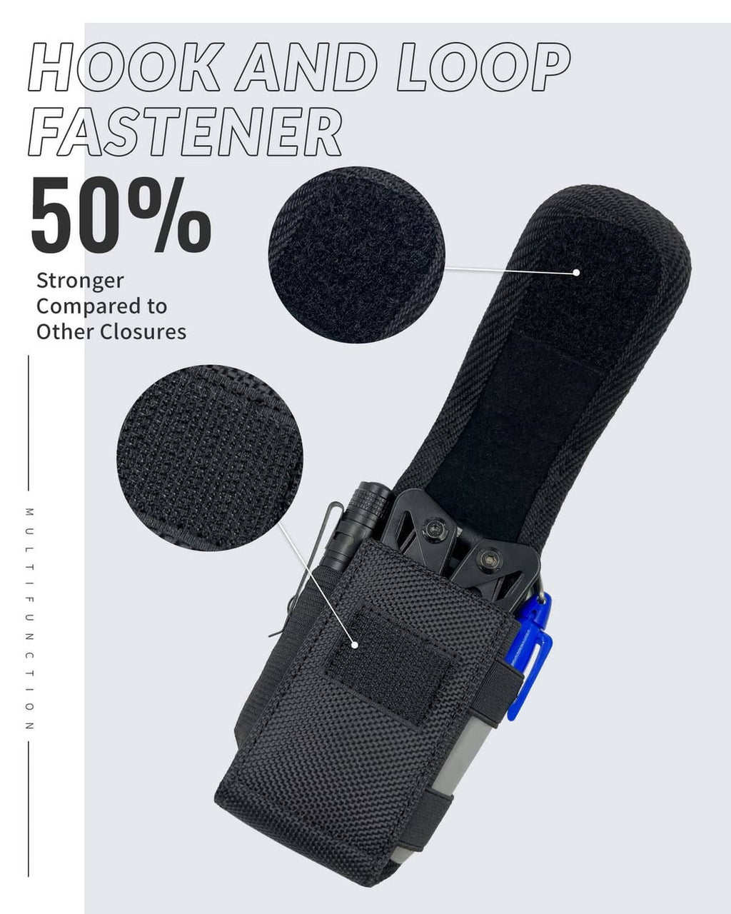 Black multitool sheath with hook-and-loop fastener and blue securing clip