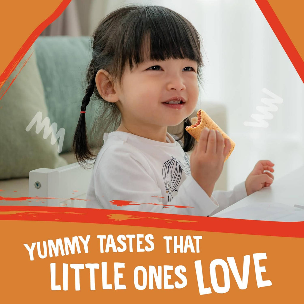 Child holding a snack bar while seated, orange kids food promotion