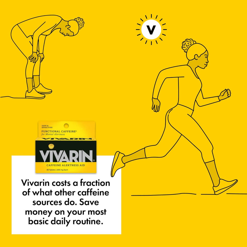 Vivarin caffeine alertness aid box with running person illustration and info text