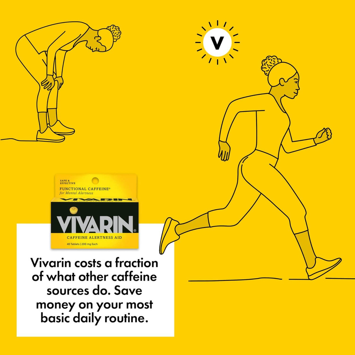 Vivarin caffeine alertness aid box with running person illustration and info text