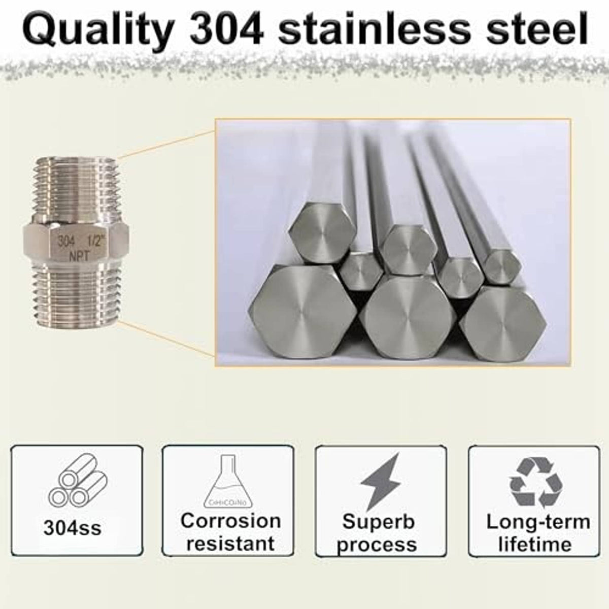304 stainless steel 1/2 in NPT male hex nipple pipe fitting, material quality inset