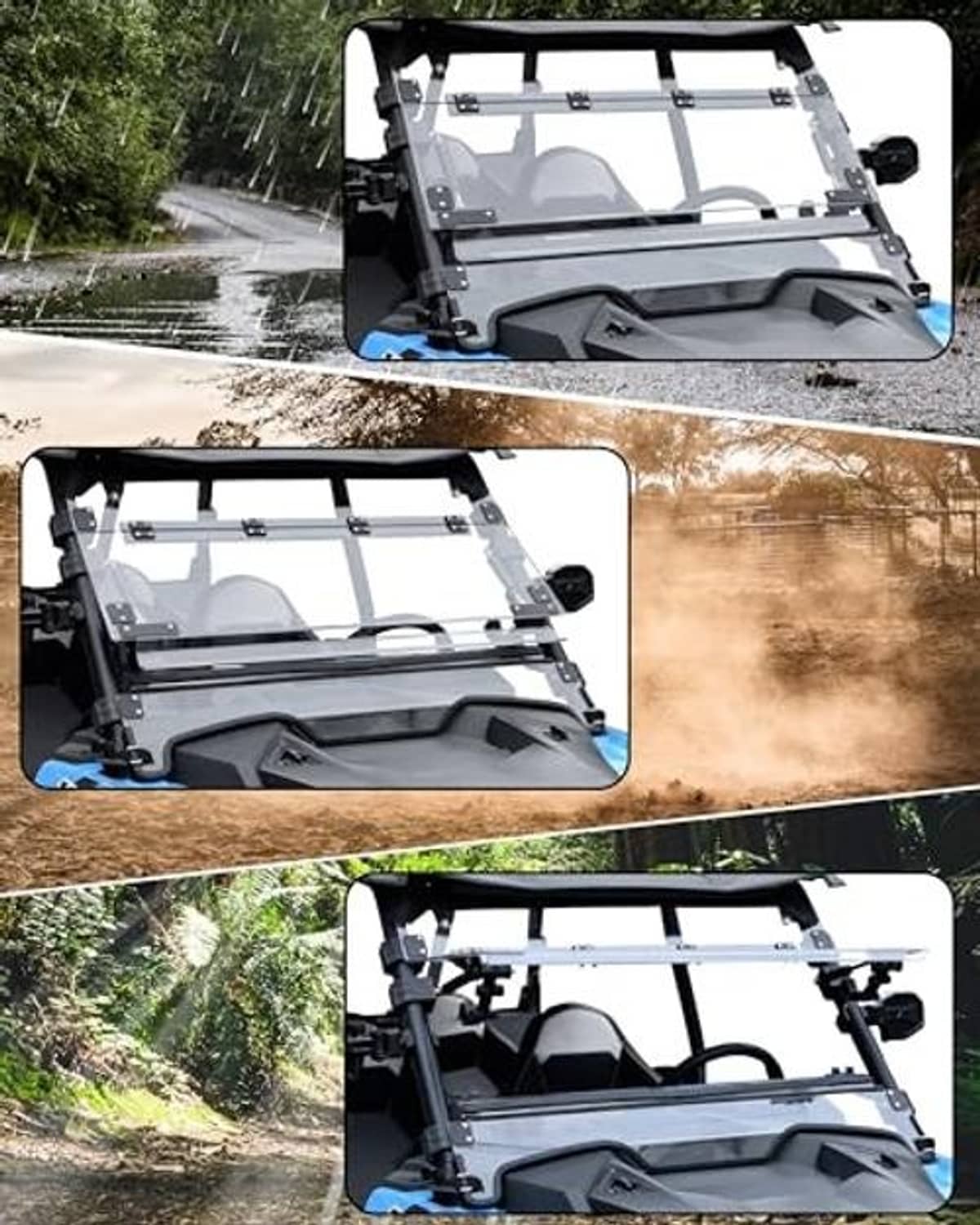Flip-up windshield on UTV shown in multiple positions for outdoor weather