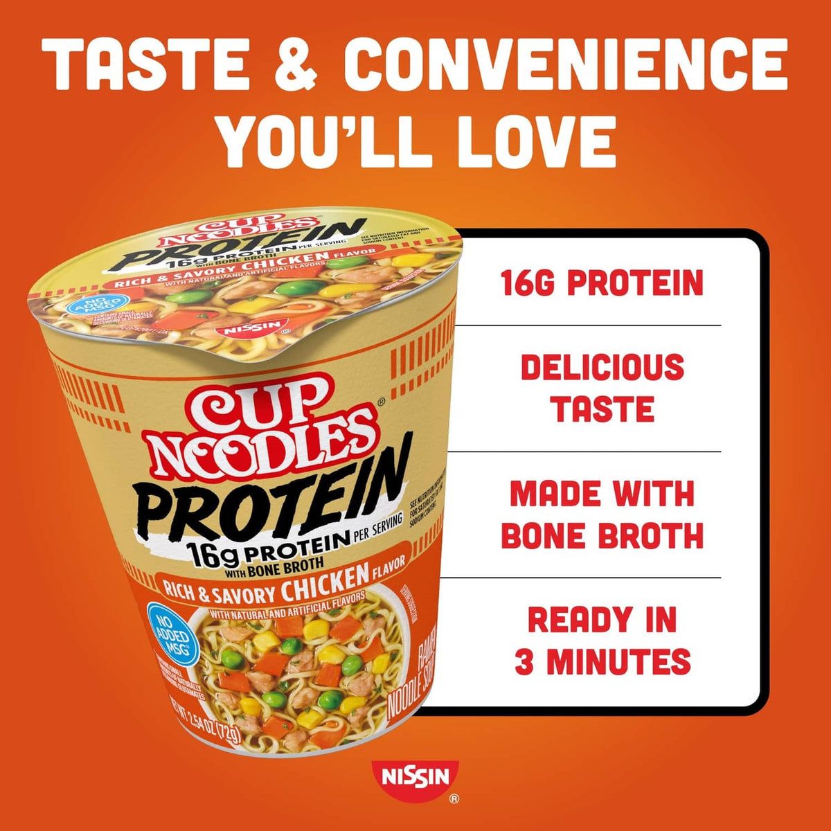 Nissin Cup Noodles Protein ramen cup and label panel showing 16g protein