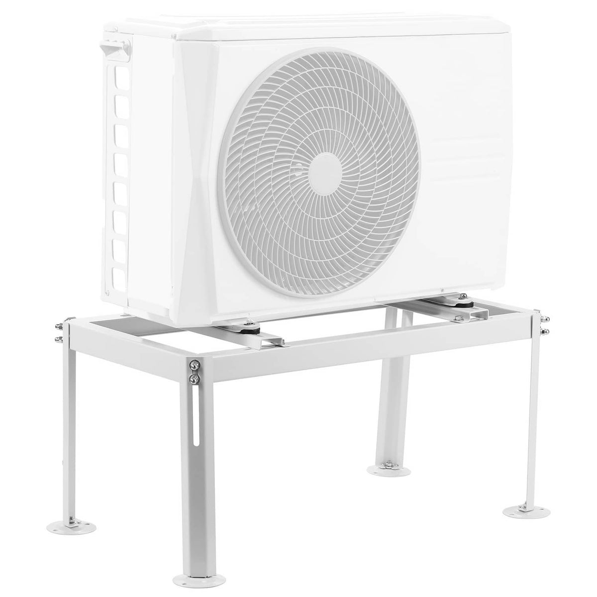 White mini split ground stand supporting an outdoor split AC condenser on mounting rails