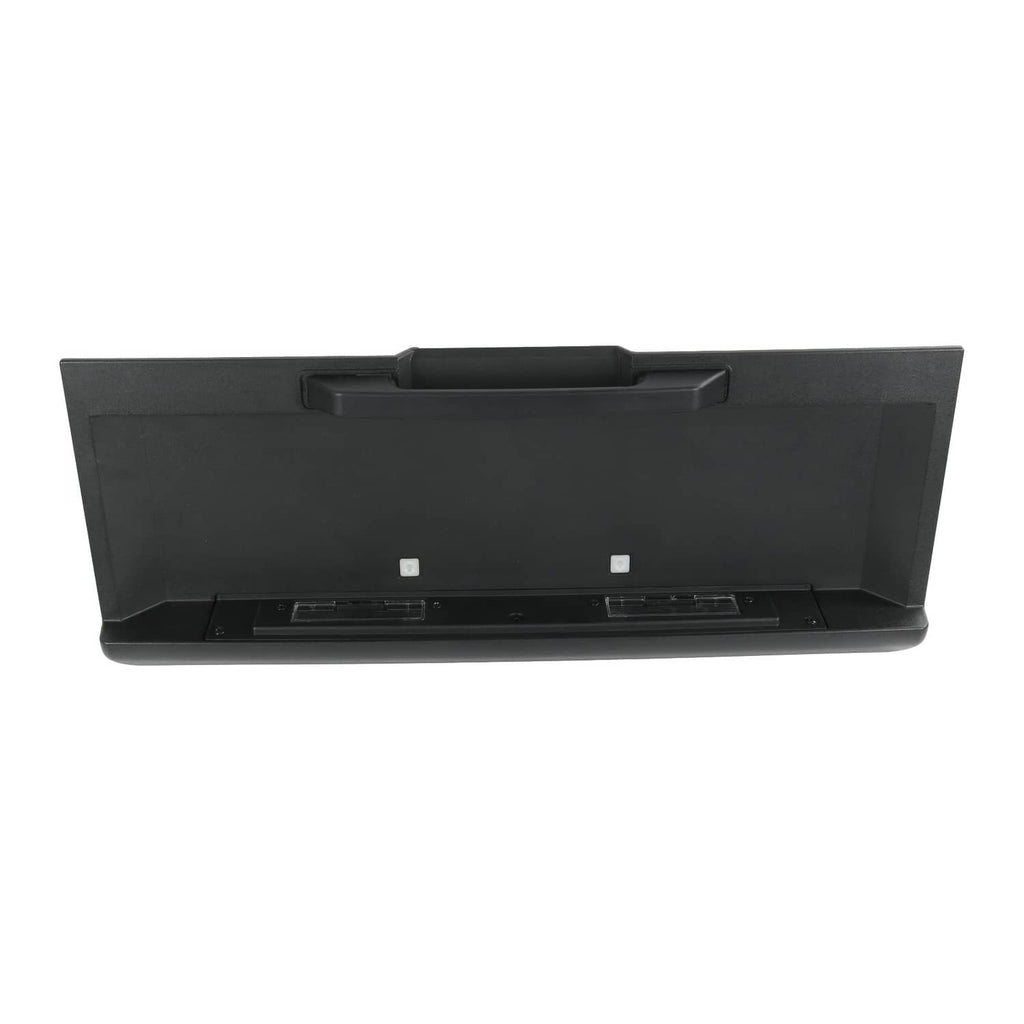 Rear tailgate license pocket panel with handle and screw holes, black plastic