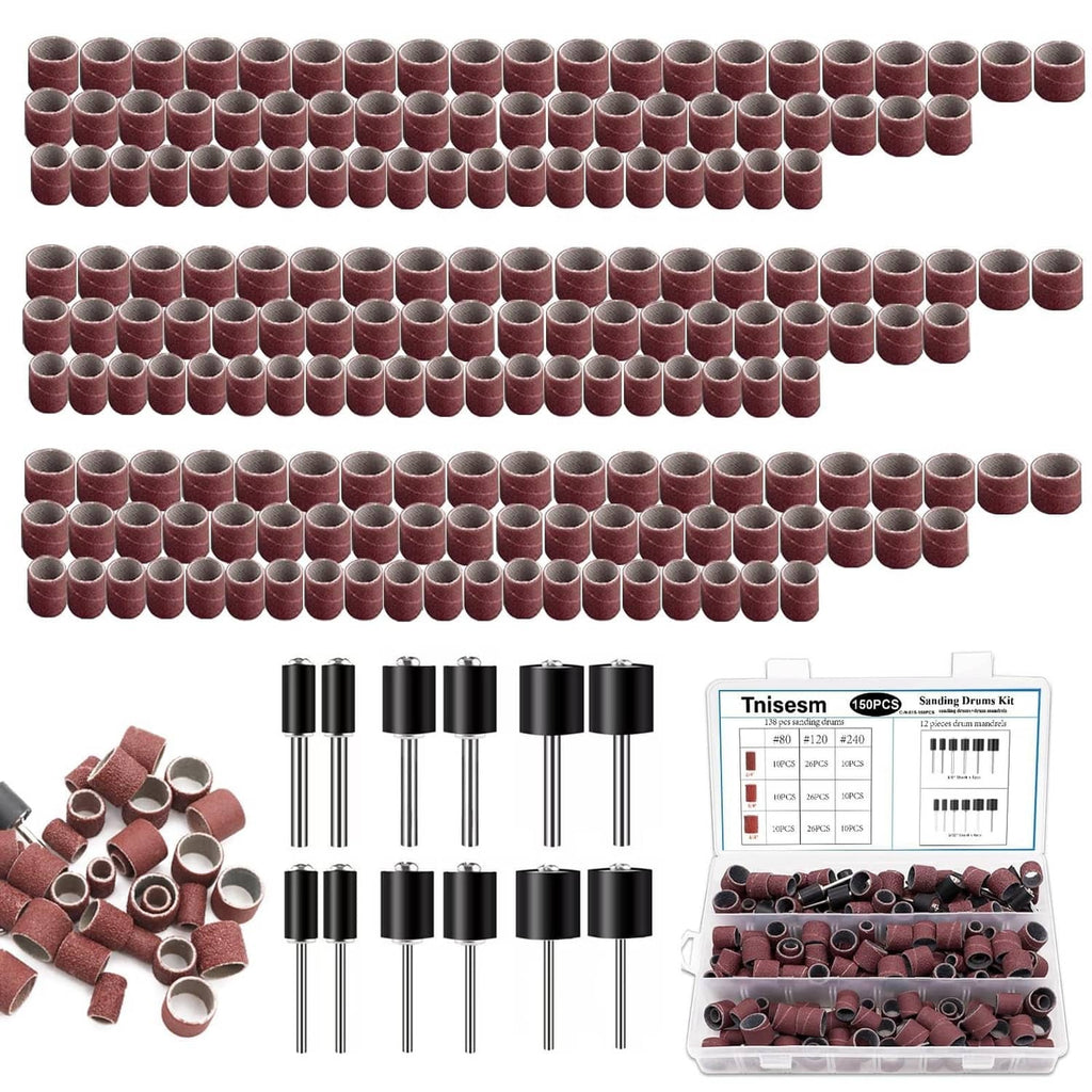 Bulk sanding drums with red abrasive sleeves and metal centers, neatly lined up