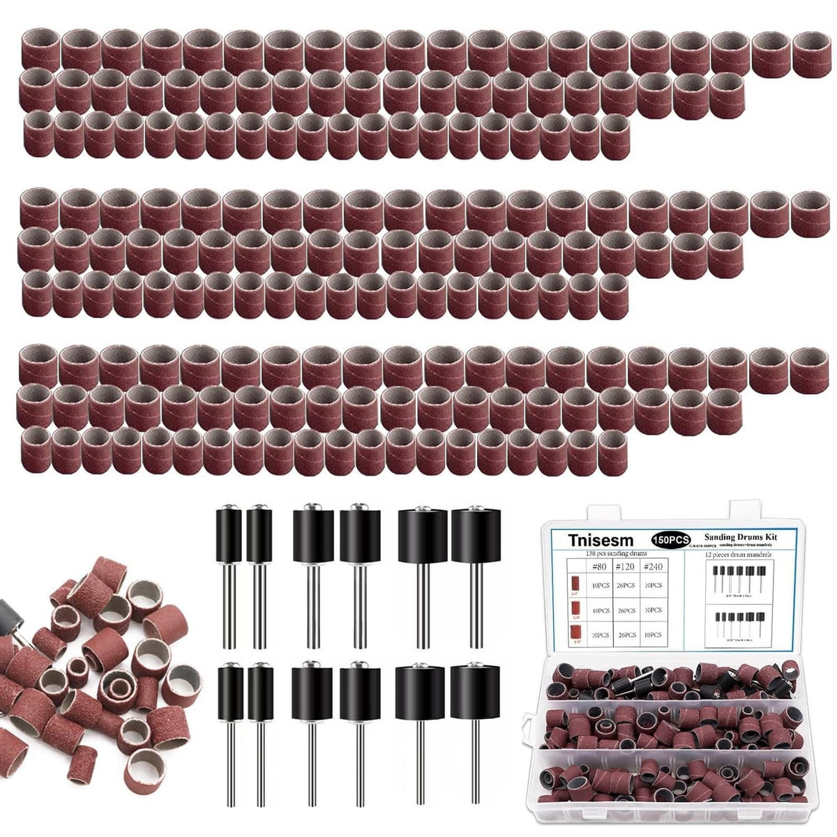 Bulk sanding drums with red abrasive sleeves and metal centers, neatly lined up