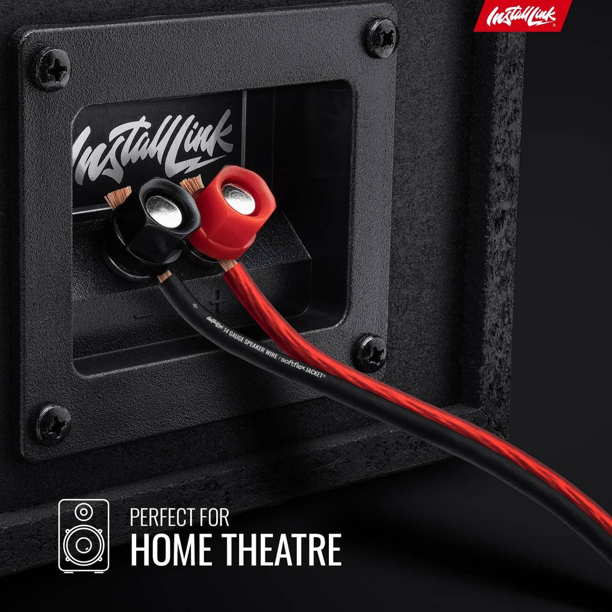 Red-and-black 14 AWG speaker wire plugged into home speaker binding posts