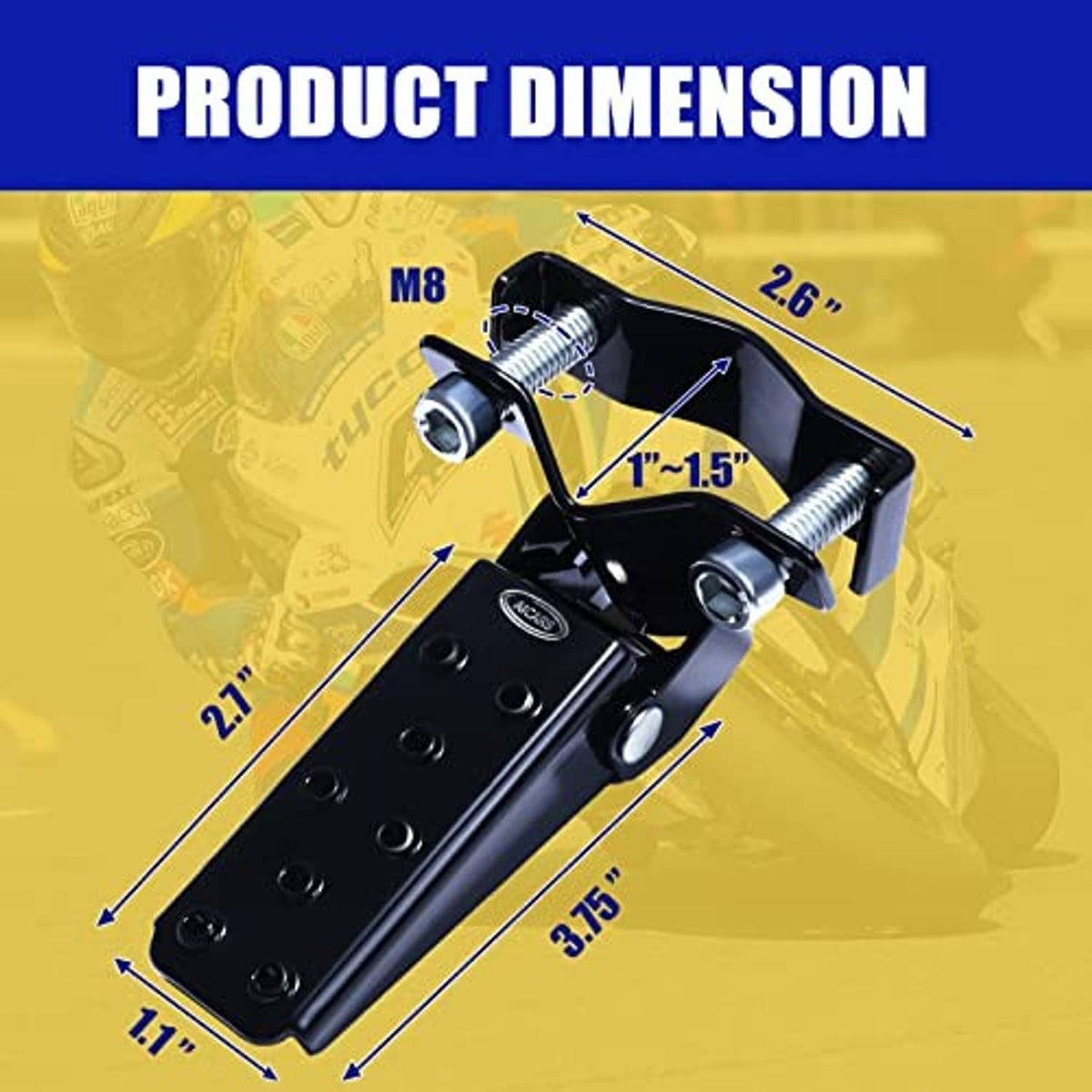 Black universal folding foot peg with size diagram markings and mounting bolt points