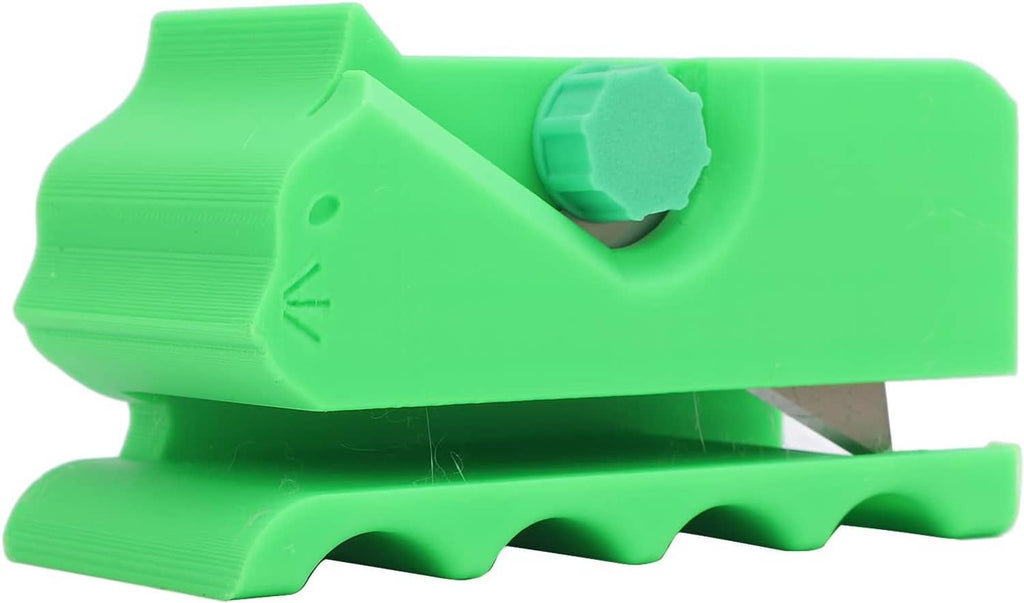 Adjustable cardboard cutter in bright green plastic with exposed blade holder