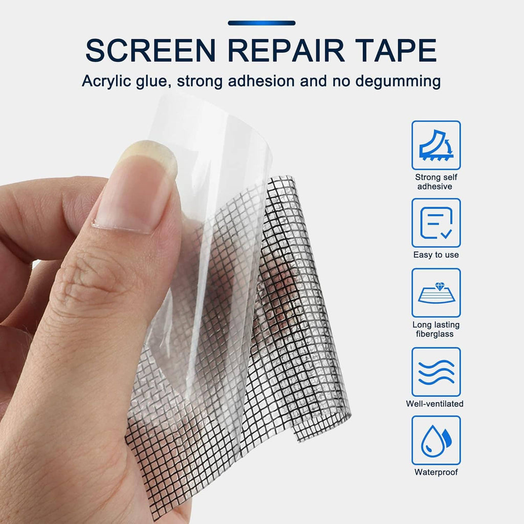 Window screen repair tape sheet with dark fiberglass mesh, held between fingers.