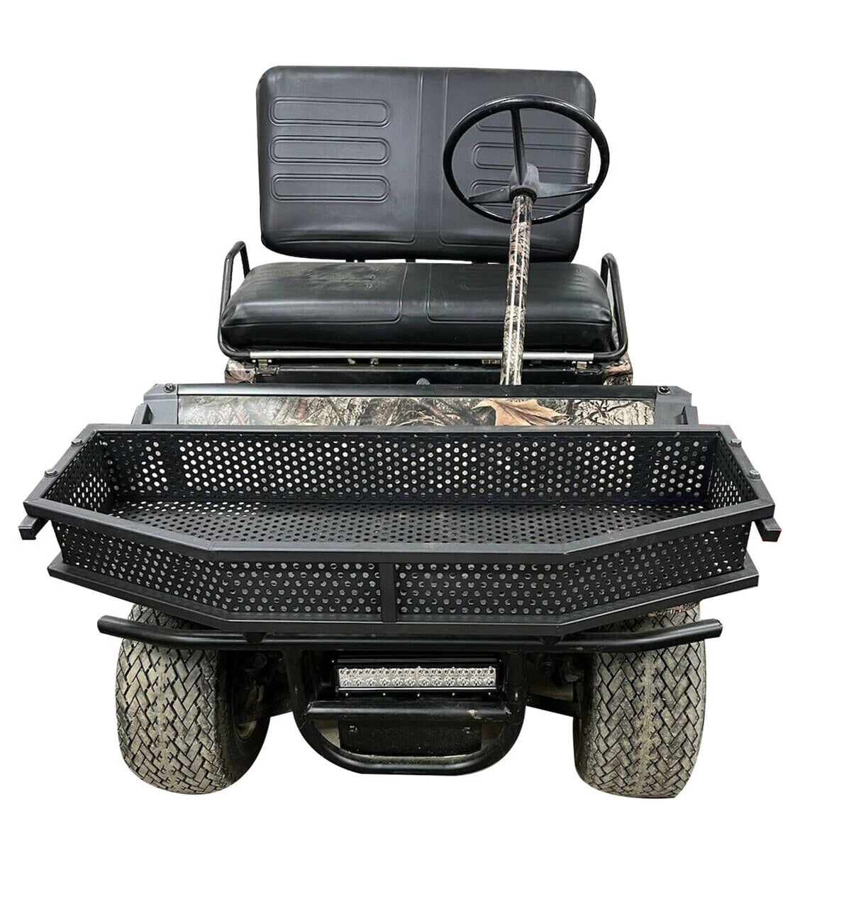 Front utility storage basket with perforated steel surface and sturdy side supports, black