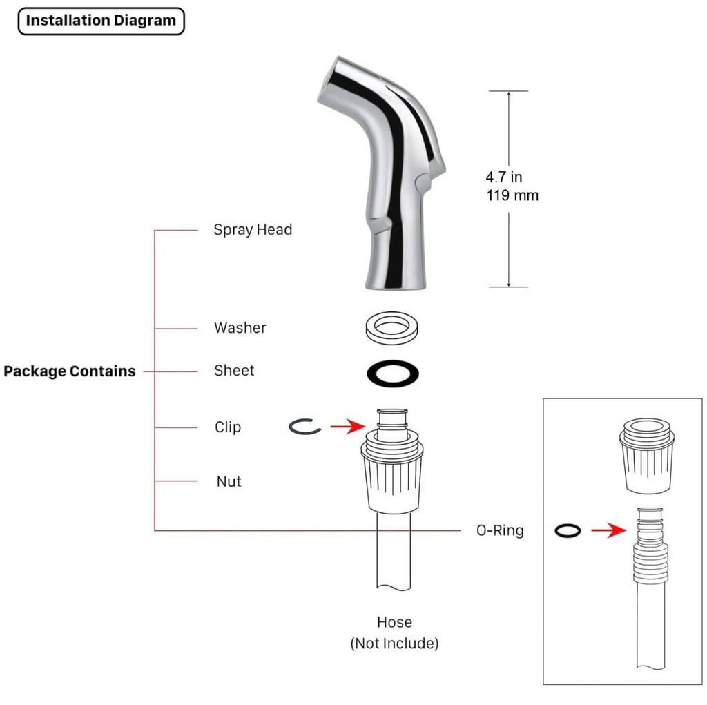 Chrome sink spray attachment installation diagram with spray head and O-ring