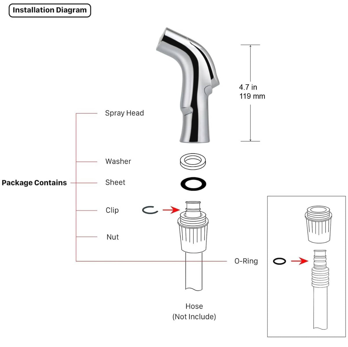 Chrome sink spray attachment installation diagram with spray head and O-ring