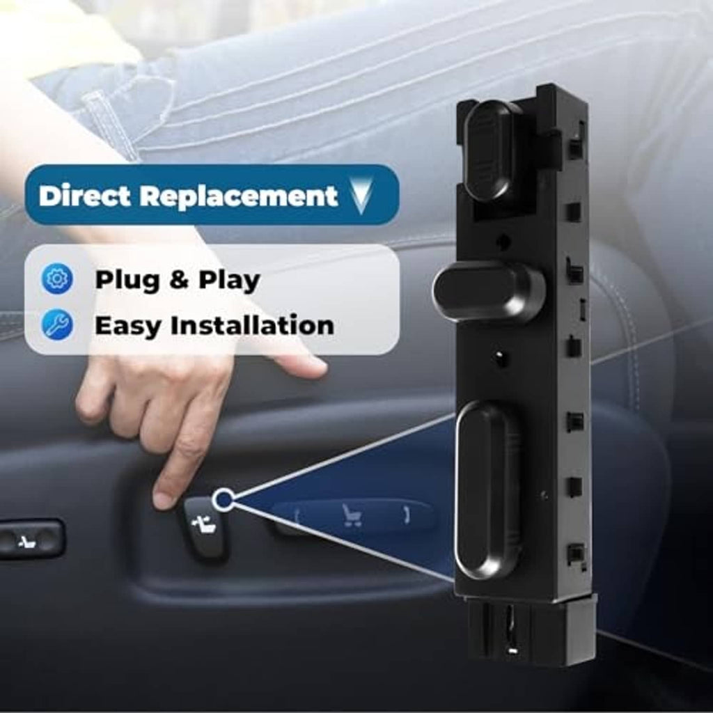 Black power seat control switch with plug-and-play style connector shown near car seat