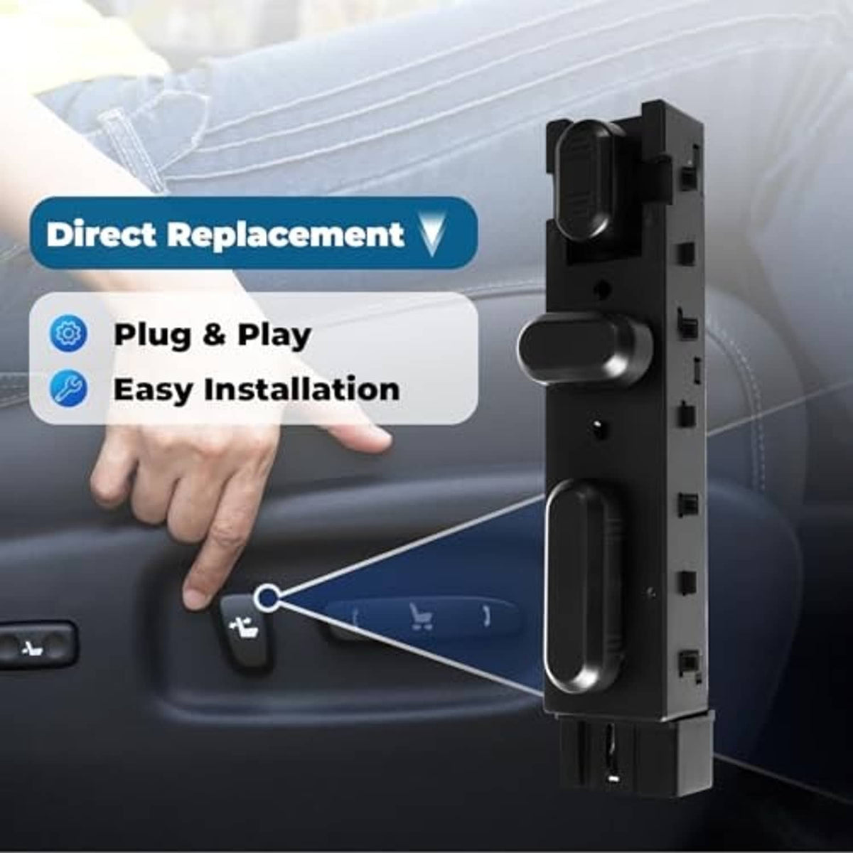 Black power seat control switch with plug-and-play style connector shown near car seat