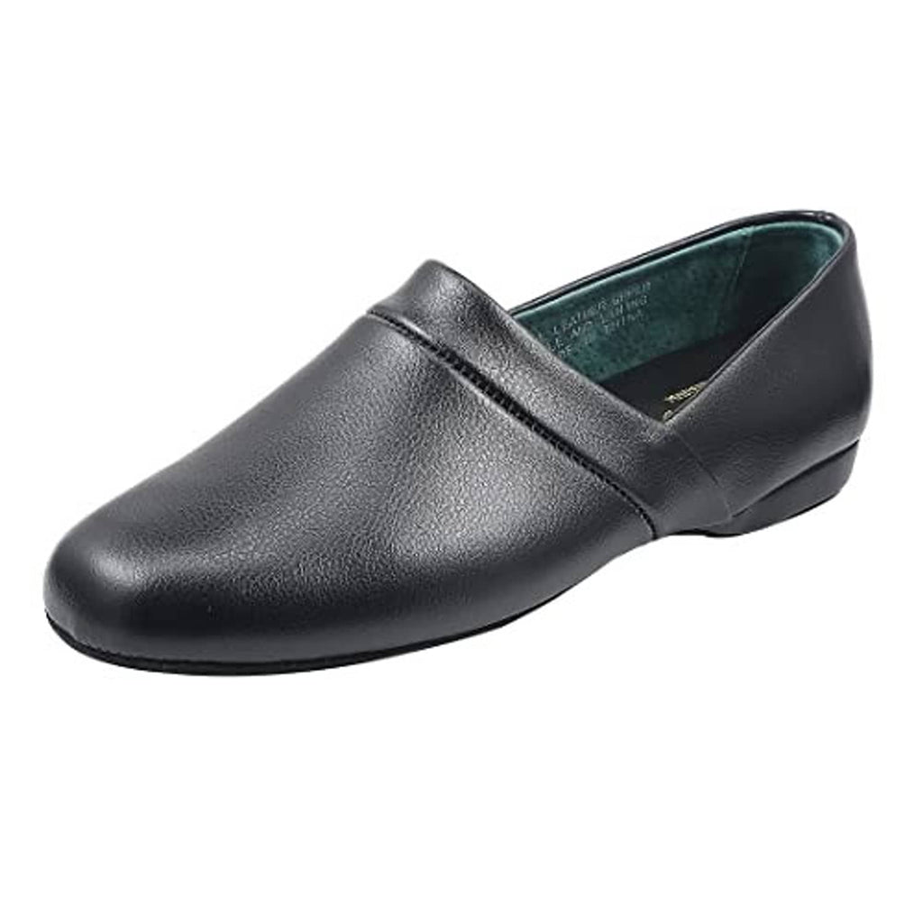 Men's black leather slip-on slippers with teal-lined interior and low wedge heel