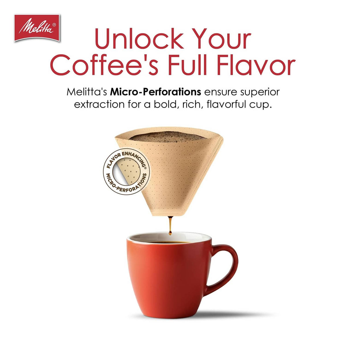 Beige cone coffee filter releasing brewed coffee into red mug