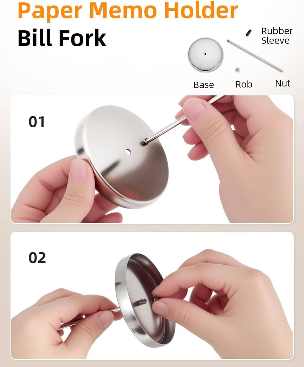 Stainless steel paper memo holder base with spike and rubber sleeve parts