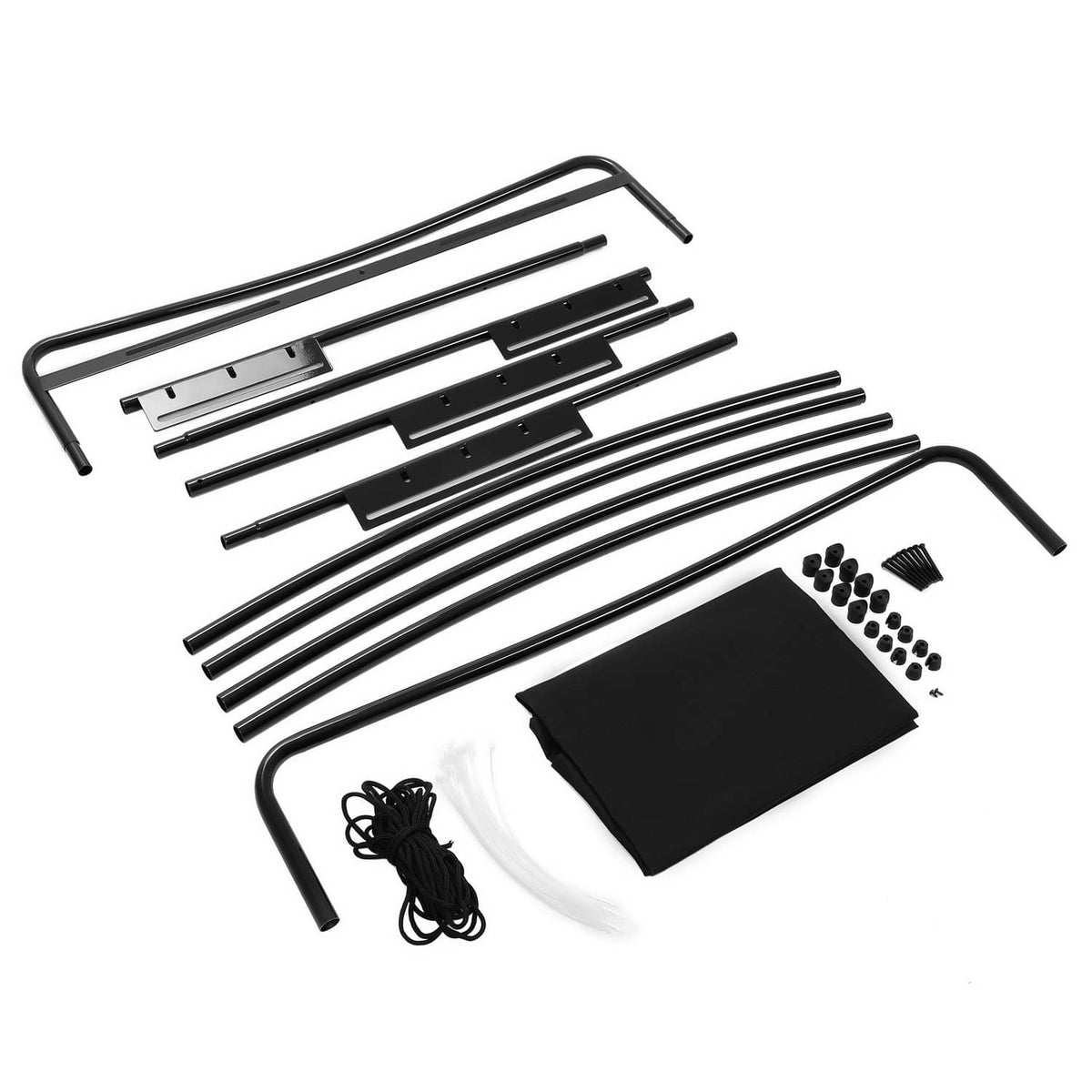 Golf cart roof top kit hardware and canopy panel components laid out