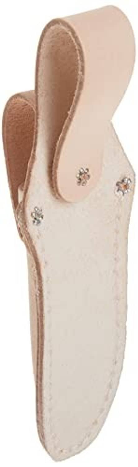 Tan leather plier holder pouch with decorative rivet snaps, stitched opening