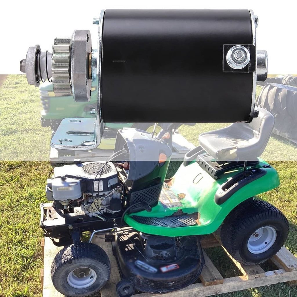 Starter motor for mower engine with black housing and metal mounting hardware