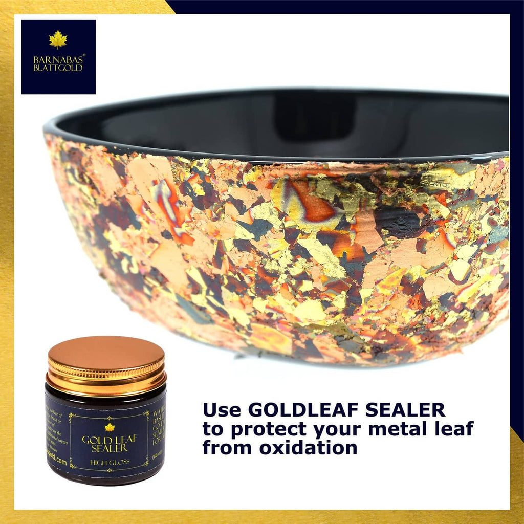 Gold leaf sealer jar beside a bowl showing glittering gold-leaf sparkle finish