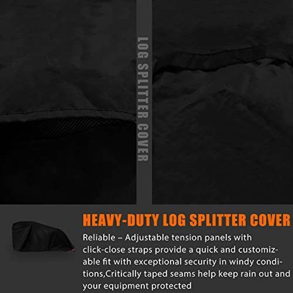 Black log splitter cover with reinforced seams and adjustable-tension style paneling