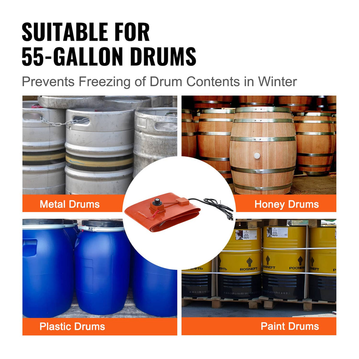 Drum heater suitability diagram showing orange heater for 55-gallon drums