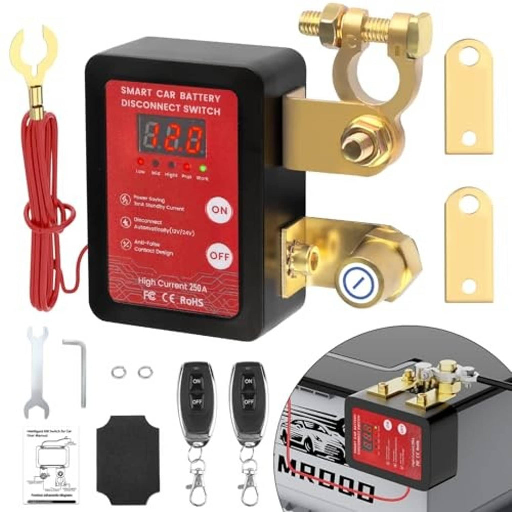 Remote battery disconnect switch kit with red cable, gold terminals, voltage display, and two key fobs.