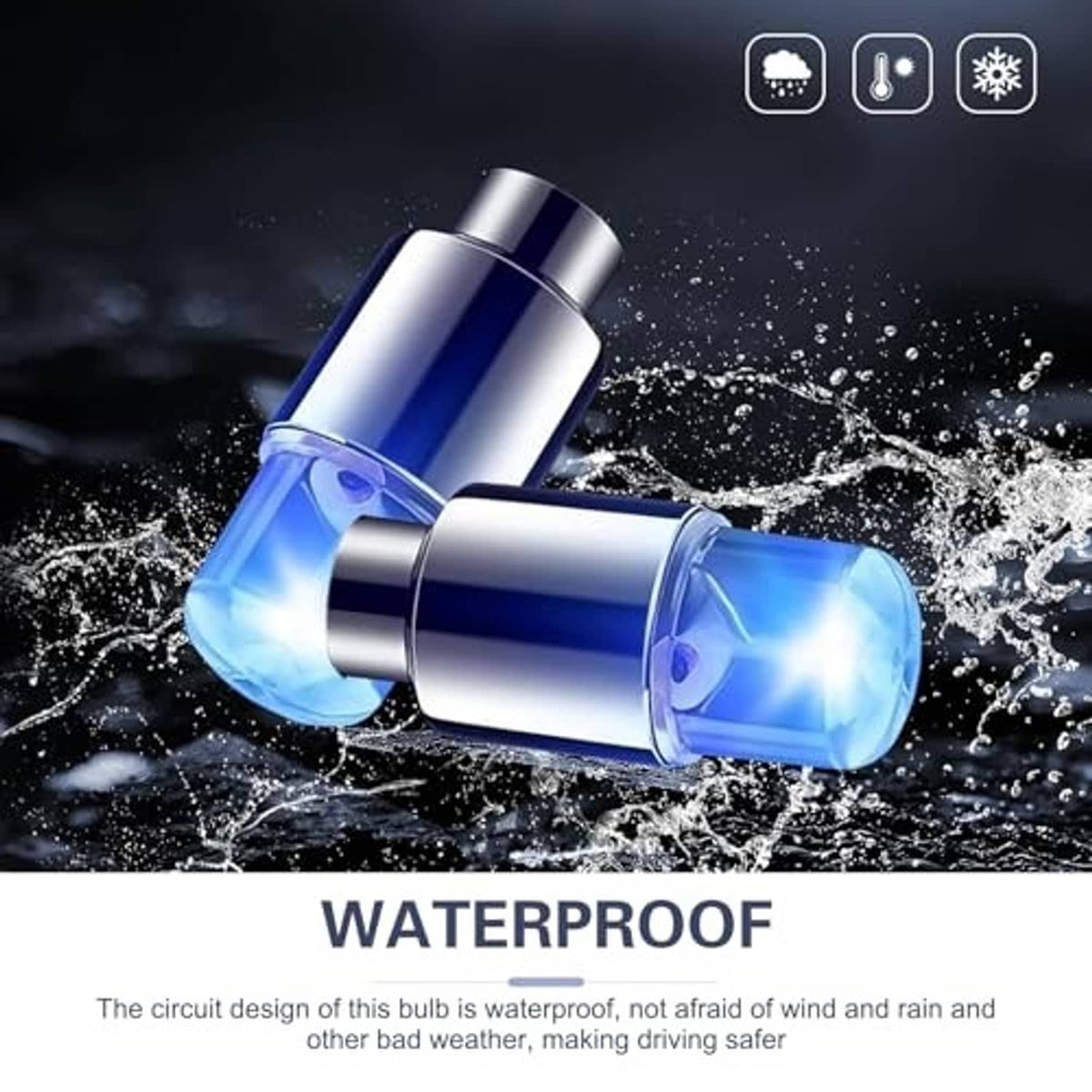Two blue LED tire valve stem caps with chrome bases and translucent light covers