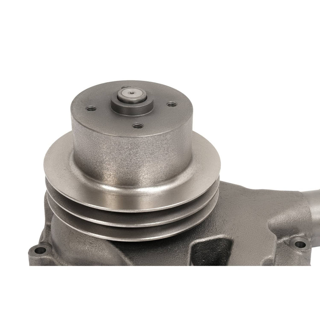 Steel water pump pulley and ribbed housing, metallic gray, with mounting bolts.