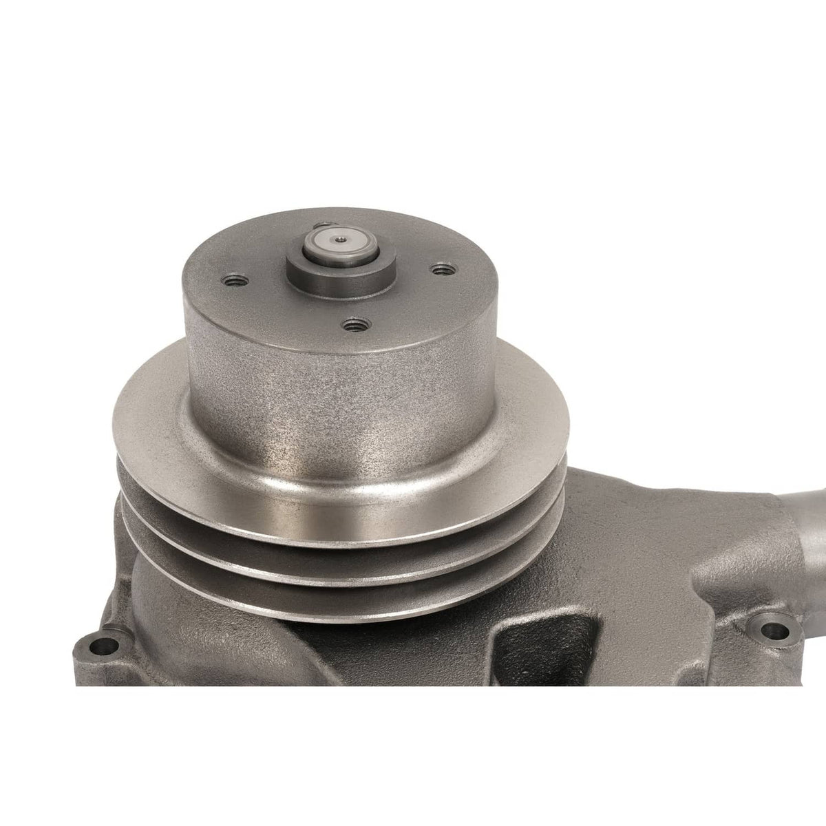 Steel water pump pulley and ribbed housing, metallic gray, with mounting bolts.