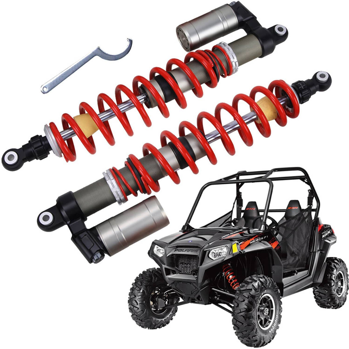 Adjustable front shock absorber pair with red springs, gray cylinders, and mounting hardware