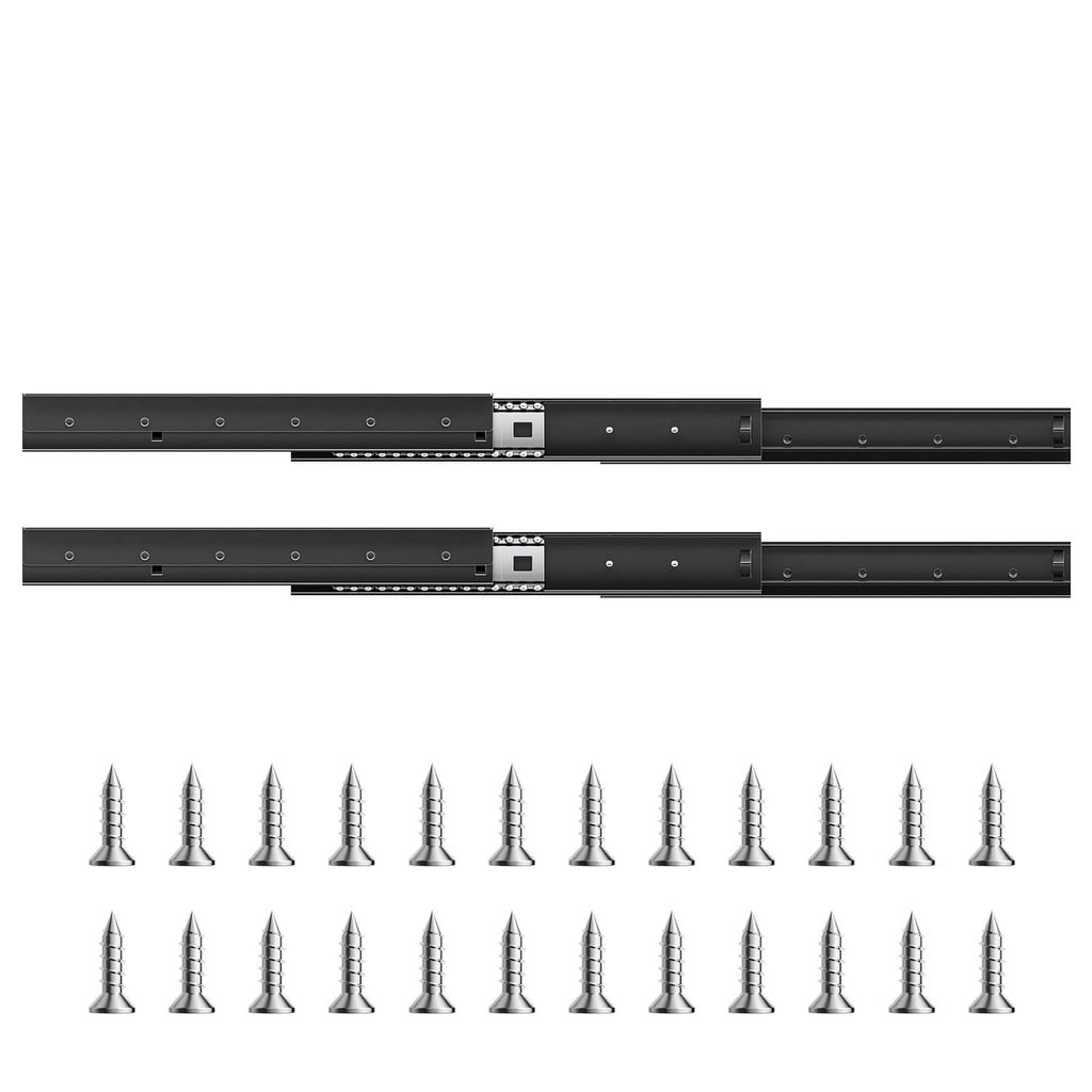 Two black drawer slide rails with mounting holes and a set of screws shown below.