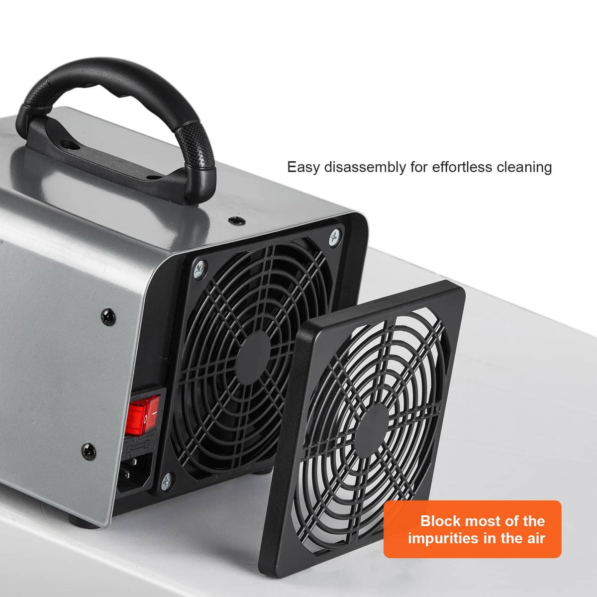 Ozone generator with rear fan vents and carrying handle; power switch visible on side.
