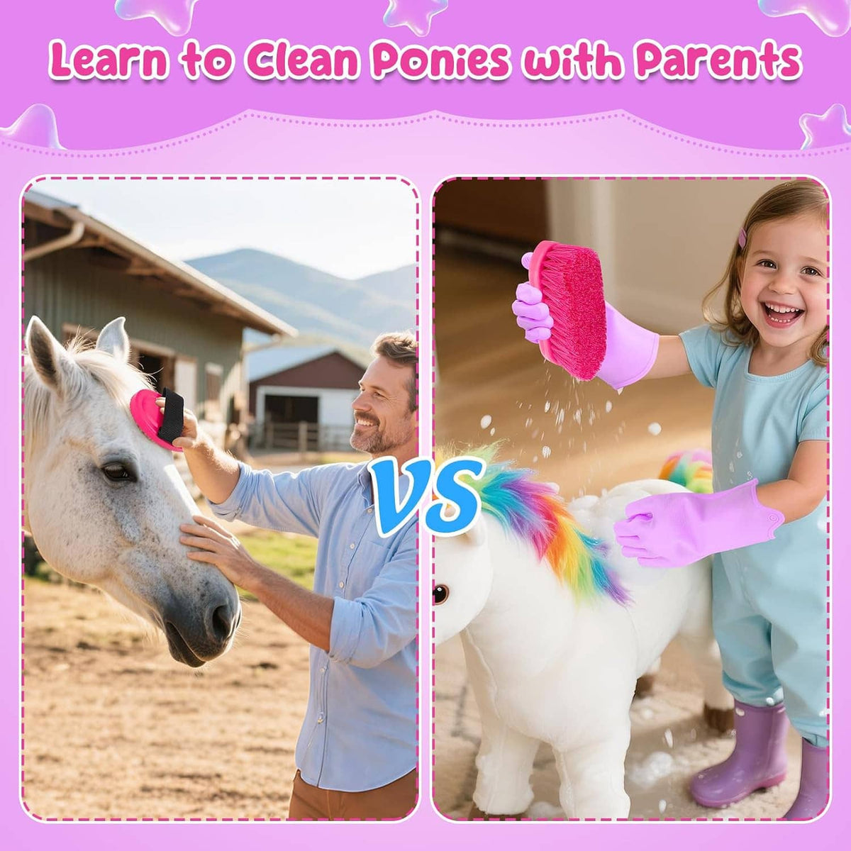 Child-friendly horse grooming tools set with pink brushes and combs